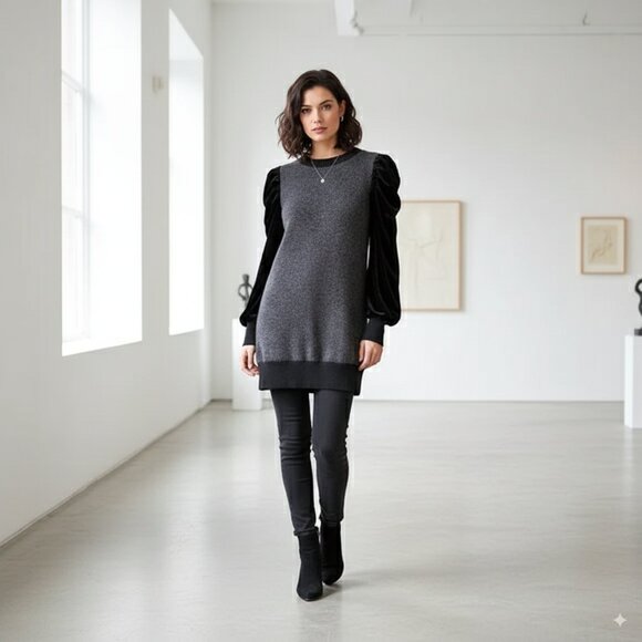 J.ING Black Gray Mixed Media Knit with Velvet Sleeve Mini Dress One Size NWT - Picture 1 of 7